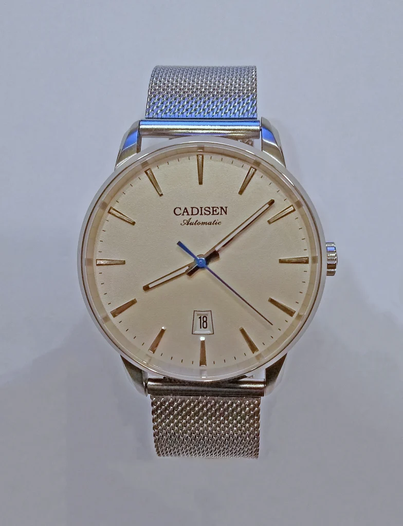 A close-up of an automatic mechanical wristwatch