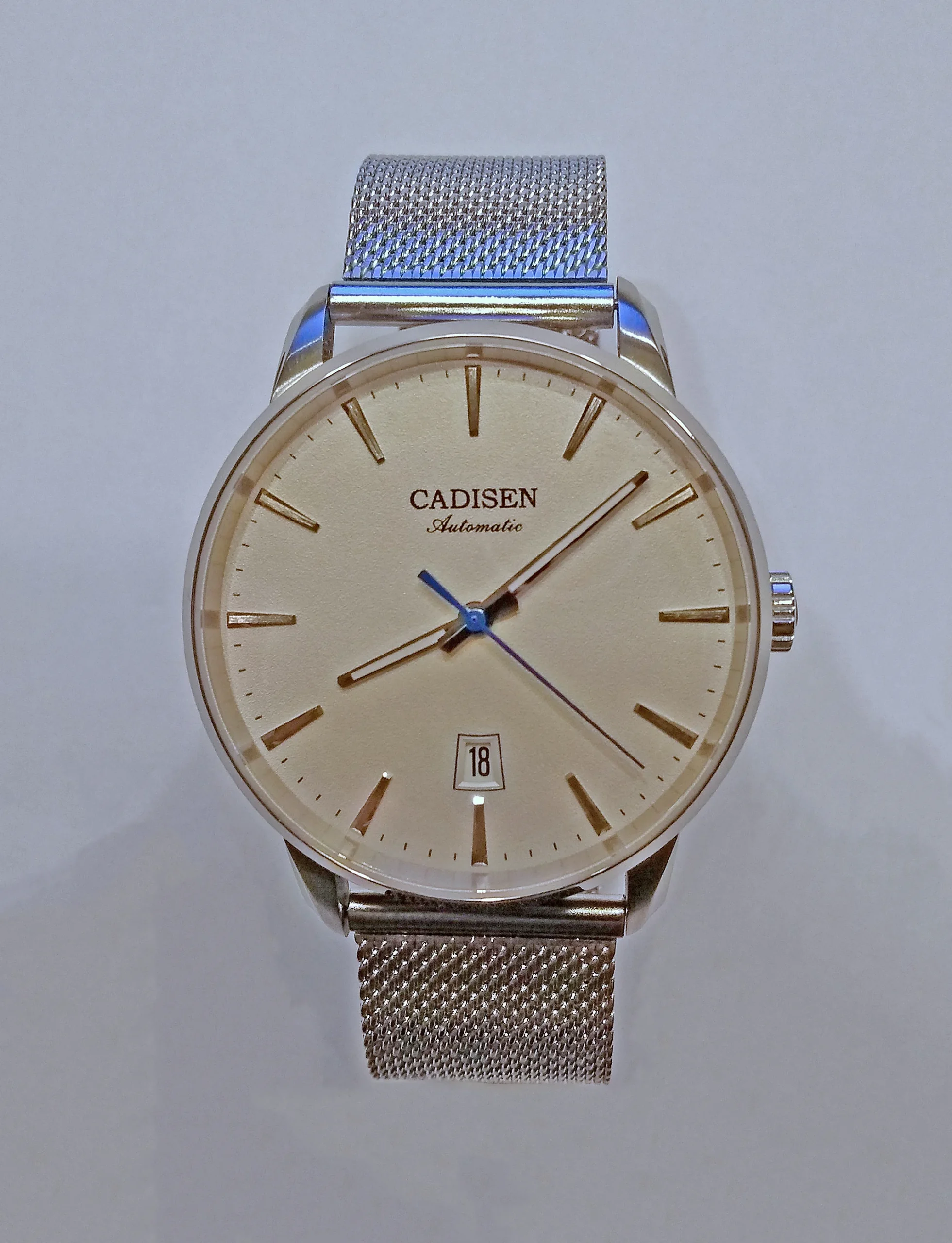 A close-up of an automatic mechanical wristwatch