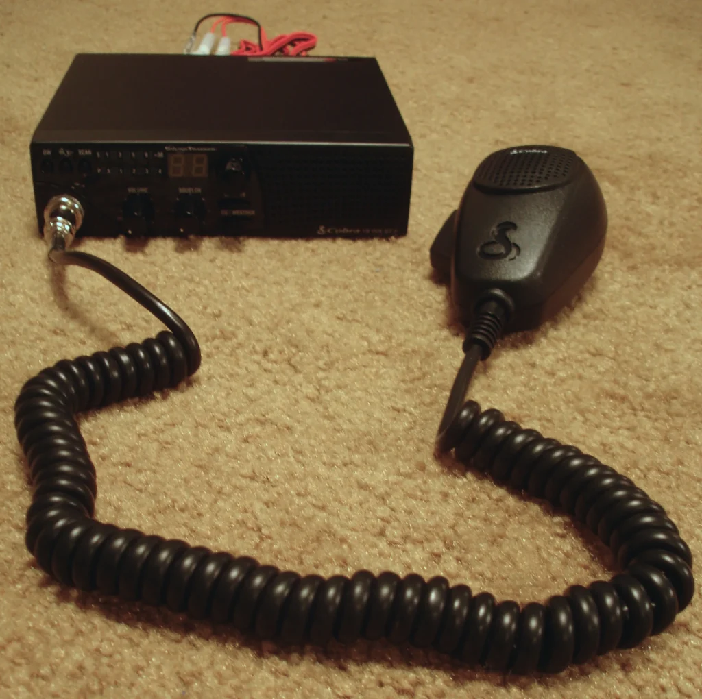A Cobra 18 WX ST II citizens band (CB) radio with microphone