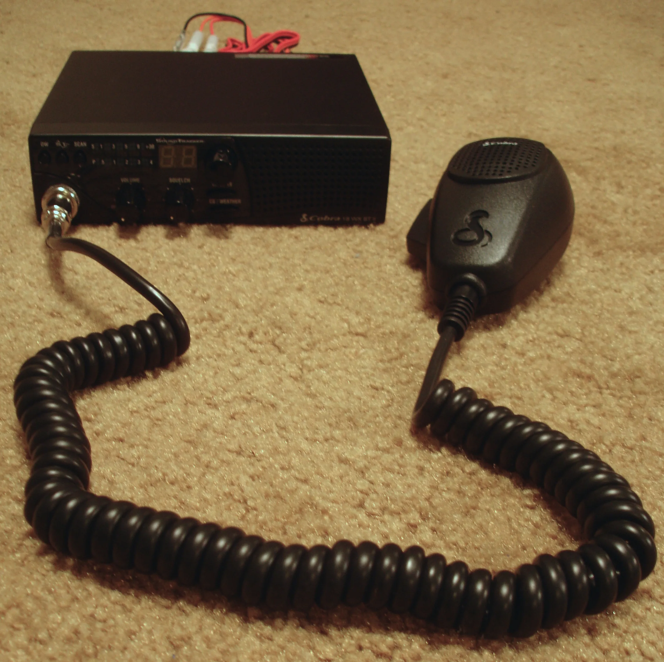 A Cobra 18 WX ST II citizens band (CB) radio with microphone