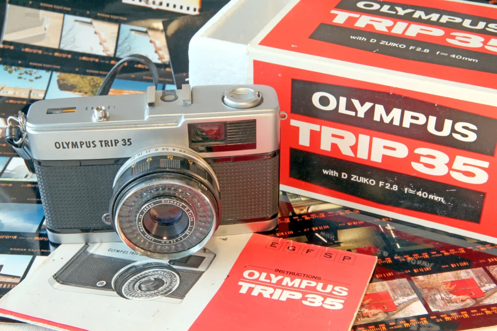 An Olympus Trip 35 point-and-shoot 35mm film camera